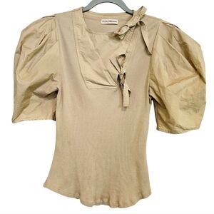 Ulla Johnson Beige Puff-Sleeve Tie-Neck Top